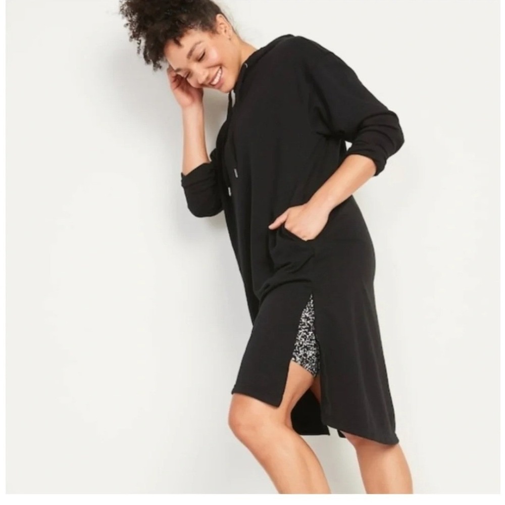 Old Navy Womens Tall L Black Hooded Sweatshirt Dress Pockets 676725-02
